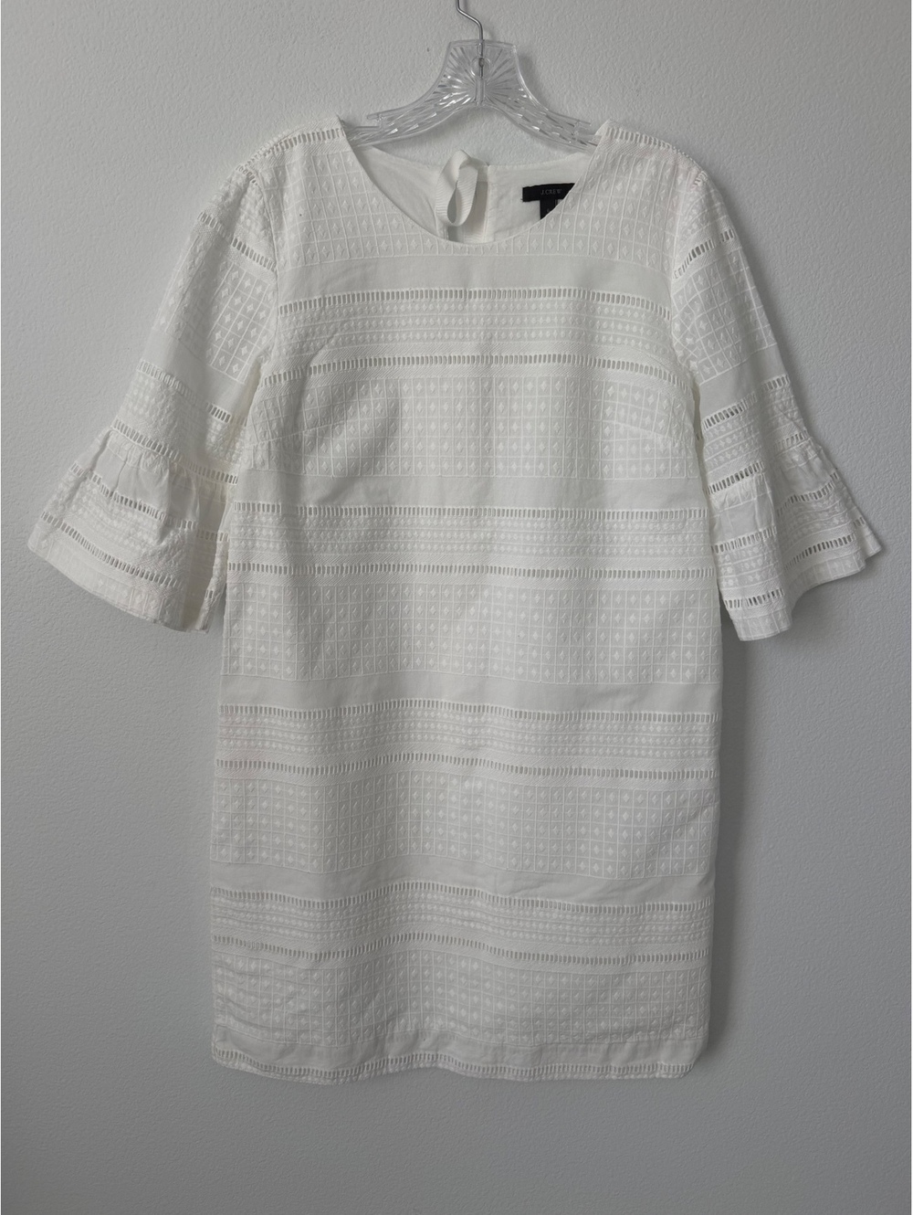 J. Crew White 100% Cotton 3/4 Bell Sleeve Embroidered Eyelet Shift Dress Size 6